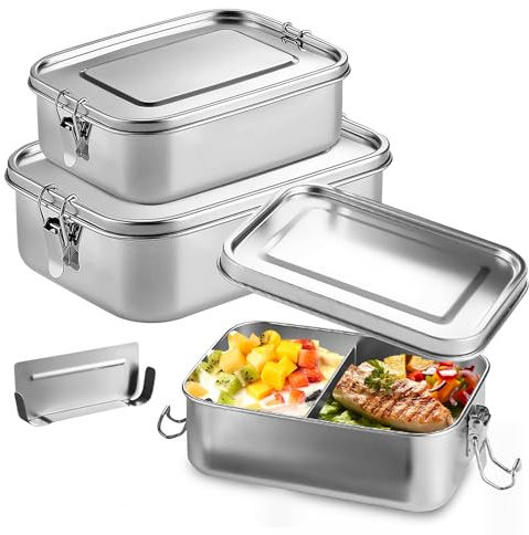 Bento-Box aus Edelstahl, 3 Stück, Bento-Box, Edelstahl, Bento-Boxen mit Fächern, Lunchbox aus Metall, Bento-Boxen für Picknick, Arbeit, Schule, 850 ml, 1400 ml, 2400 ml