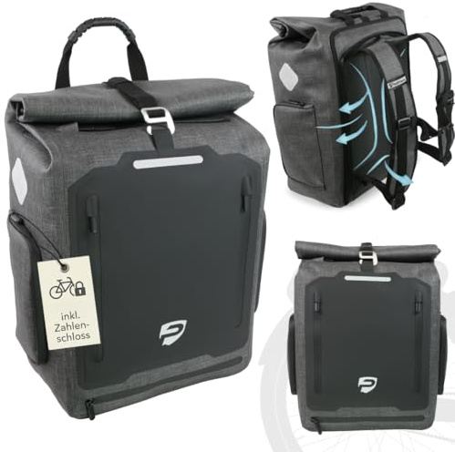 PfadWerk 3in1 Fahrradtasche Rucksack – 27L – 100 % wasserdichte Gepäckträgertasche, Tragetasche & Rucksack mit Laptopfach & Reflektoren – abschließbar – inkl. Schultergurt & Zahlenschloss