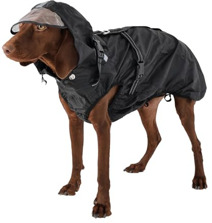 OUOBOB Hunderegenmantel wasserdicht, Regenjacke mit reflektierenden Streifen, H-Brustgeschirr (D-Ring) & Abnehmbarer Kapuze mit Visier, Ideal für mittelgroße/große Hunde [Schwarz, Größe XL]