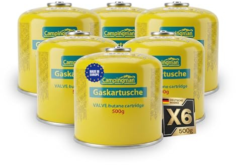 Campingman Gaskartusche 500g mit Schraubventil EN 417 – Butangas für Campingkocher, Weber Grill & Camping – Universal Schraubkartusche (6 x 500g)