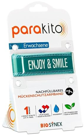 PARAKITO - Wiederverwendbares Mückenschutzarmband - 2 ätherische Ölplättchen - 1 Monat Schutz - Ohne DEET - Größe Erwachsene - Enjoy & Smile Blau