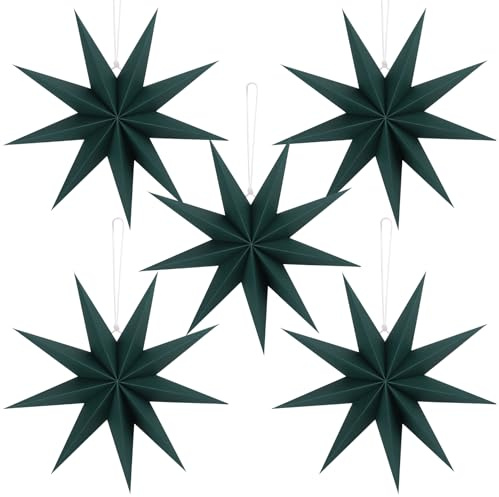 BestoFun Lot de 5 étoiles en papier de Noël - Vert foncé - 30 cm - 9 branches - Étoiles pliantes - Décoration de Noël pour décoration de table de Noël, chambre de mariage