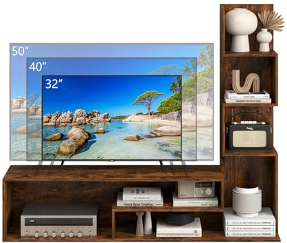 KOMFOTTEU Fernsehschrank mit L-förmigen Regalen und offenen Fächern, Multifunktionsschrank für Fernseher bis 50 Zoll, TV-Schrank Fernsehtisch aus Holz für Schlafzimmer, Eingang (Braun)