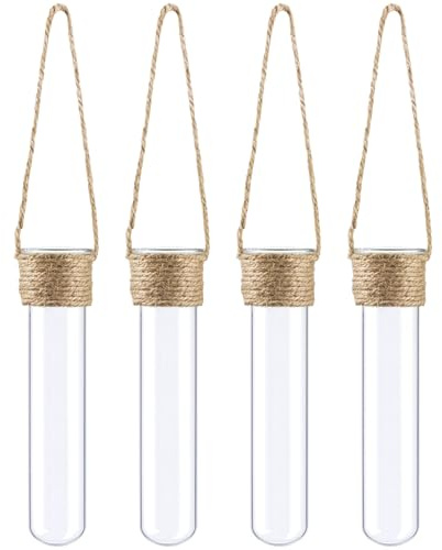 4 Stück Wand montierte Glasvasen, Prüfrohr hydroponische Pflanzer, hängende Blumenhalter, hohe Borosilikat Moderne Heimdekor mit Hanfseilen, Haken, Vase, Reinigung Pinsel Kit