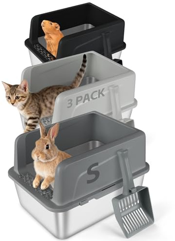 Bartuke 3 WC per conigli con pala, 45 x 35 x 30 cm, in acciaio inox, per animali di piccola taglia, gatti, cuccioli, conigli (grigio scuro & grigio chiaro & nero)