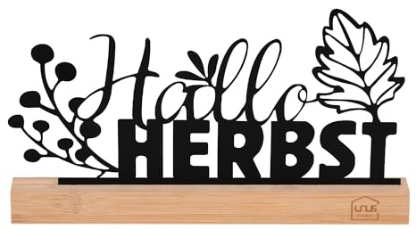 UNUS Aufsteller Hallo Herbst aus Metall in Schwarz mit Bambus Sockel | dekorative Herbstdeko für Tisch Fensterbank Regal Wohnzimmer