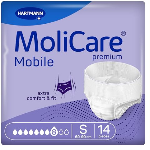 MoliCare Premium Mobile 8 Drops Lot de 14 culottes d'incontinence pour incontinence sévère Protection supplémentaire contre les fuites Protection avancée de la peau Taille S 61 à 88,9 cm