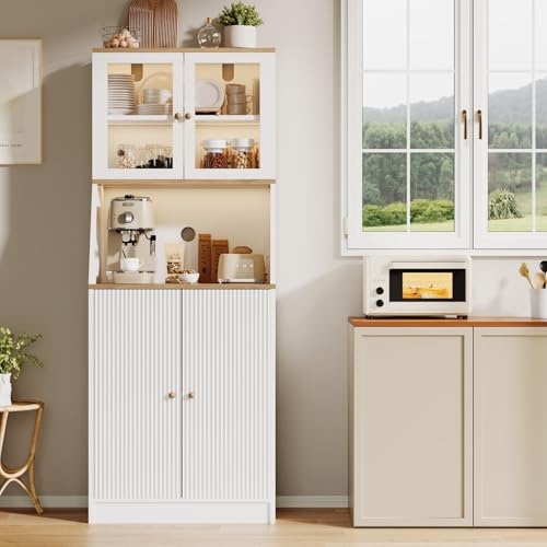Teahutty Küchenschrank 180 cm mit 4 Schränken, Küchenbuffet mit Arbeitsplatte, Buffetschrank mit Glastür und Verstellbaren Ablagen,Vorratsschrank Küche mit Anti-Kipp-Design (Weiß, 70x40x180 cm)