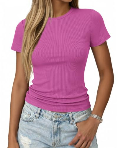 PLMOKEN Camiseta Ajustada Canalé Elástica Mujer Verano Manga Corta Top Cuello Redondo Casual Camisetas