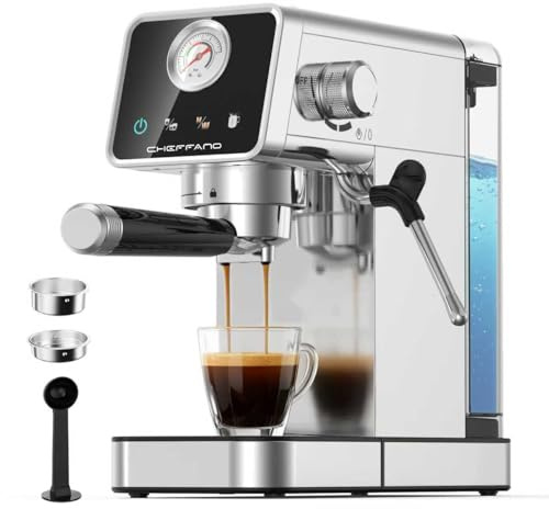CHEFFANO Espressomaschine 20 Bar, kompakte Espressomaschine mit Milchaufschäumer, Espressomaschine aus Edelstahl mit Druckanzeige, 1,2-Liter-Wassertank (abnehmbar) für Cappuccino, Latte und Americano