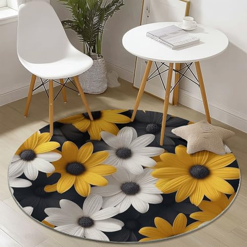 Round Rug 120 cm, Machine Washable Rug, Plants Chrysanthemums Close-Up Non Slip Floor Carpet Yellow White Low Pile Soft Area Rugs for Living Room Bedroom Kitchen Nursery Office Chair Entryway