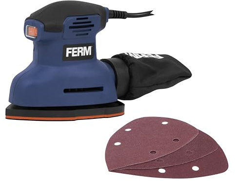 FERM Lijadora de Detalle 140W – Lijadora de Palma Delta 140x140x100mm – 12.500 opm con Aspiración de Polvo, Softgrip y 3 Hojas de Lija – Ideal para Esquinas y Bordes