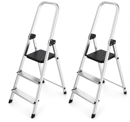 2 Scale in Alluminio 3 Gradini - Portata 150kg, Certificata EN131 - Antiscivolo, Ultraleggera e Salvaspazio - Uso Domestico e Lavorativo - Pratica da Aprire, Chiudere e Riporre (2 Scale, 2+1 Gradini)