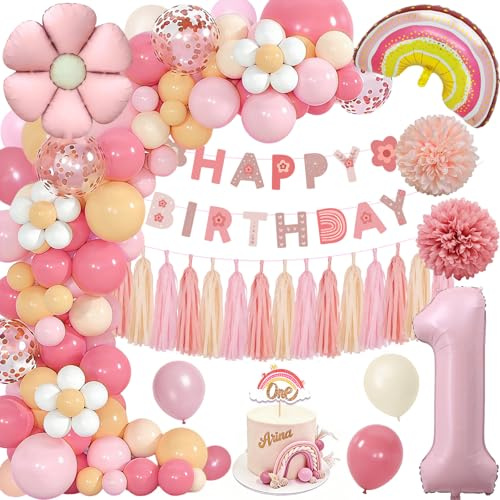 Décorations Anniversaire 1 An Fille Boho, Kit Arche de Ballons Rose, Guirlande Arc-en-Ciel avec Bannière Joyeux Anniversaire, Ballon Numéro 1, Pompons et Tassels pour Bébé Fille 1 An Fête