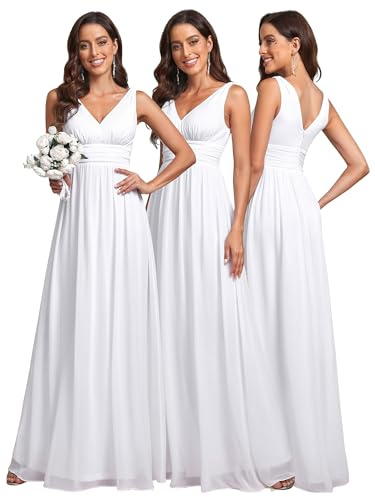 Ever-Pretty Vestito da Sposa Donna Linea ad A Stile Impero Chiffon Scollo a V Senza Maniche Bianco 48