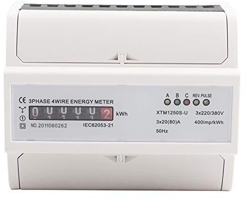 Digital KWh Meter, 3-Phase 4 Wire Electric Meter with 6-Digit Display 220/380V DIN-Rail Kilowatt Hour Meter, 400imp/kWh