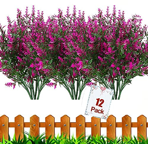 HBell 12pcs Künstliche Blumen für den Außenbereich,UV-beständig,Buchsbaum-Pflanzen,künstlicher Kunststoff,für drinnen und draußen,hängende Pflanzen,Garten,Veranda,Bauernhaus,Dekoration (Fuchsia)