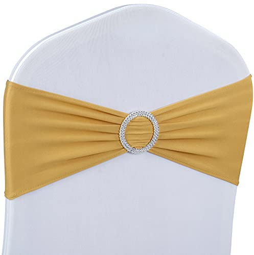 Babenest Spandex-Stuhlschärpen, Schleifen, Premium-Stretch-Stuhlhussen mit Schnalle, universal, elastische Stuhlbänder für Hochzeit, Party, Zeremonie, Empfang, Bankett, Dekoration, Goldfarben, 50