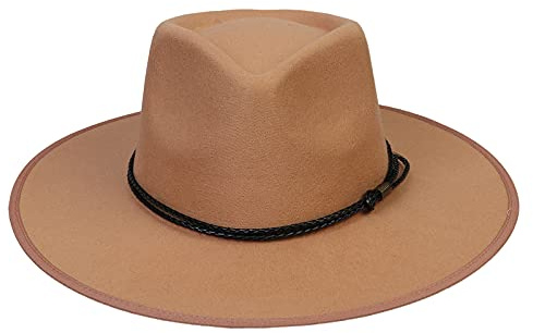 JK Home Wide Brim Fedora Hat - Wool Felt Panama Cap - One Size Unisex Women Men - Black Braided Leather Band