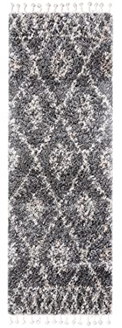 Carpeto Tappeto con Frange - Shaggy Stile Scandinavo - Motivo Etnico - morbido e soffice pelo alto 30 mm - Collezione AZTEC - Grigio grigio scuro - 80 x 250 cm