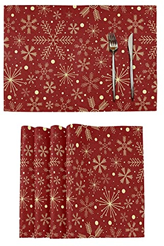 Weihnachtliche Tischsets mit Schneeflocken auf dunkelrotem Tischset für Esstische, Jute, doppelseitig, 6 Stück