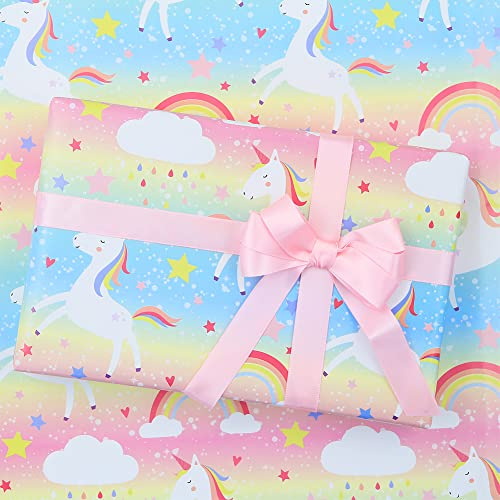 Geburtstags Geschenkpapier für Kinder, Mädchen, Jungen, Einhorn Design, Geschenkpapier für Geburtstag, Babyparty, mit 2 m Schleife, 4 Blatt flach gefaltet, 50 x 70 cm pro Blatt (pink) (pink)