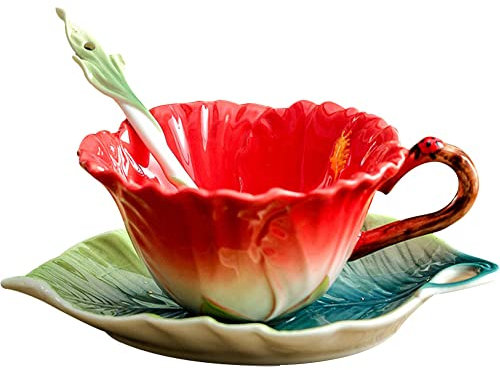WAYUTO 3D Ceramic Coffee Mug and Saucer Set with Spoon Flower Leaf Coffee Mug Tea Cup with Decorative Handle Vintage Floral Drinking Cups Unique Gifts for Birthday Wedding Christmas 6oz Red
