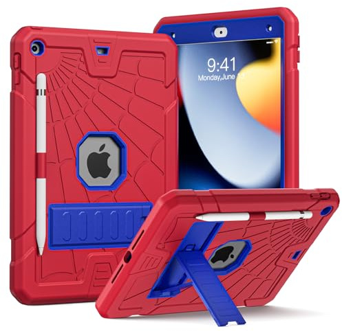 Schutzhülle für Herize iPad 10.2, 9. / 8. / 7. Generation, für Kinder, Jungen, Mädchen, 25,9 cm (10,2 Zoll), mit Stifthalter, stoßfest, mit Ständer, Blau und Rot