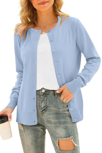 YUNDAI Womens Cardigans Long Sleeve Open Front Knitted Ladies Cardigan Button Round Neck Sweater for Women UK Lightweight Solid Color Jumpers, Large Light Blue