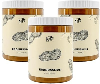 KoRo Erdnussmus - 3 x 1 kg Vorratspackung - Cremige Konsistenz - Ohne zusätzlichen Zucker* und Stabilisatoren - Aus 100% gerösteten Erdnüssen