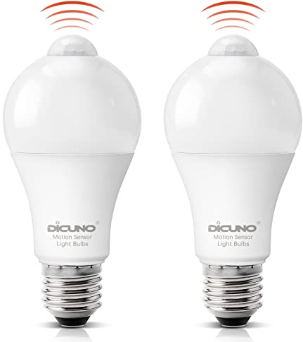 DiCUNO PIR Motion Sensor Bulb, 12W=100W, Daylight White 5000K, 1100LM, 2Pcs