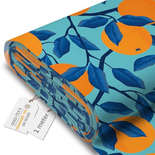 DreamRoots Tessuto Impermeabile al metro 160 cm Larghezza, 220 g/m² 600D, Stoffa per Cuscini Esterni - Tropical Oranges 1M