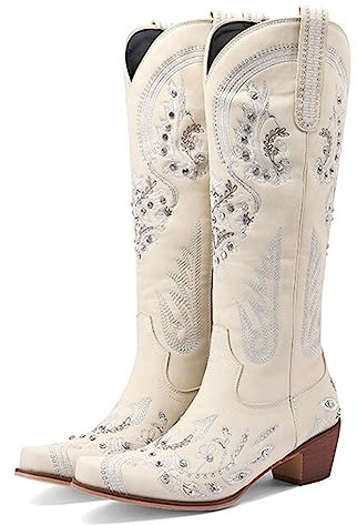 CRETUAO Bottes de Cow-Boy Western avec Strass pour Femme,Bout Pointu Talon épais Botte Haute Classique rétro,Luxe Fermeture éclair latérale brodée Bottes de Cow-Girl mi-Mollet,Beige,41 EU