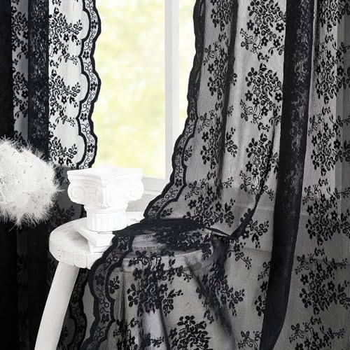 YJ YANJUN Schwarze Spitze Gardinen Wohnzimmer Modern Halloween Vorhang Blumen Schwarz ösenvorhang Türgardine Hexens Vorhänge für SchlafzimmerGruselige Horror Deko (BxH) 140x225 cm 2 er Set