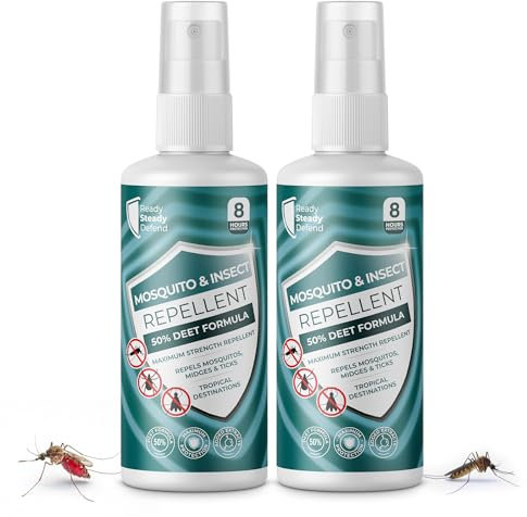 Mosquito & Insect Repellent Spray (Pack of 2) | Maximum Strength 50% DEET Formula | 8 Hours | Repels Midges & Ticks, Long-Lasting Protection Up to 8 Hours, Ideal for Tropical Travel