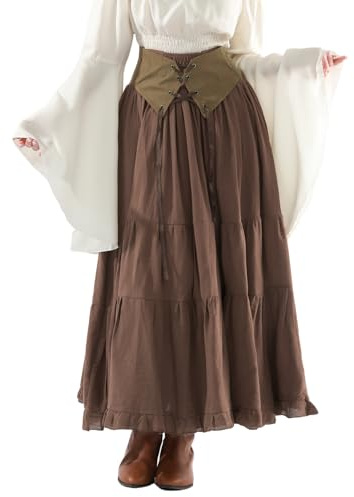 Fiamll Mittelalter Rock Damen A-Linie Lang, Elastische Taille mit Kordelzug, Renaissance Maxirock Braun, Victorianischer Stil, XXL