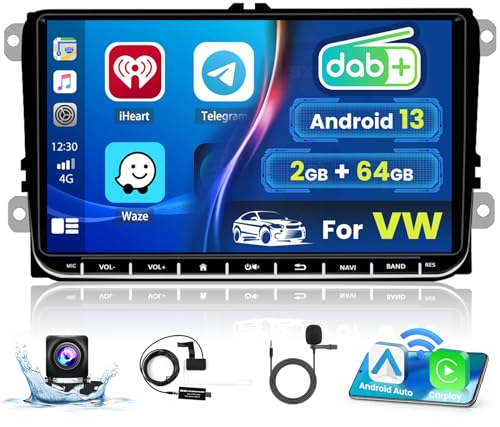 Hikity DAB/DAB+ Android 13 Autoradio Für VW Golf 5 Touran Golf 6 EOS Polo Passat B6 mit Wireless Carplay Android Auto 9 Zoll Bildschirm Autoradio mit GPS WiFi Bluetooth FM RDS HI-FI MIC Rückfahrkamera