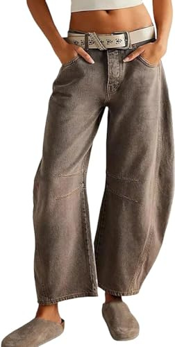 AALLYN Jeans pour Femme - Taille Moyenne - Pantalon à Jambe Large - Jean Boyfriend pour Femme - Rétro - Denim - Baggy - Vintage - Fer à Cheval - Jeans Barrel - Jeans 7/8 pour (Size:Grand,Color:Café)