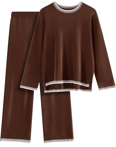 TOMEEK Completo Tuta Donna Elegante Sportiva 2 Pezzi in Maglia Set di Pantaloni Maniche Lunghe Girocollo Larga e Maglione Casual Pullover Top Tuta da Casa Jogging(Marrone,S)