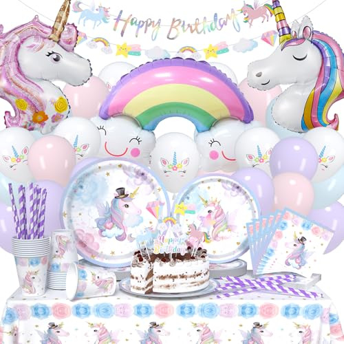 119-teiliges Einhorn-Partygeschirr und Dekoration, inkl. Ballone, Set für Kindergeburtstag