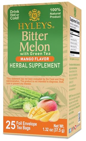 Hyleys Bitter Melon with Green Tea - Mango Flavor - 25 Tea Bags - Supports Healthy Liver Function - Herbal Supplement - (6 Pack - 150 Tea Bags Total)