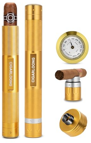 CIGARLOONG Portable Stainless Steel Cigar Tube Humidor,Built in Hygrometer Cigar Punch and Cigar Holder,3 in 1 Moisturizing Cigar Tube Storage 1 Count,Gift for Cigar Lovers (Gold)