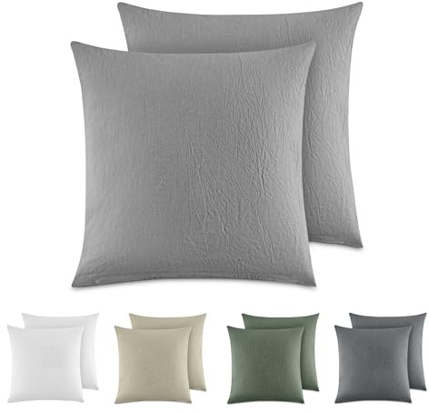 Dreamzie Kissenbezug 40x40 cm 2er Set - 100% Gewaschene Baumwolle, Hellgrau, Kissenbezüge Oeko-TEX Zertifiziert, Leinenoptik und Atmungsaktiv Kissenhülle, Kopfkissenbezug mit Reißverschluss