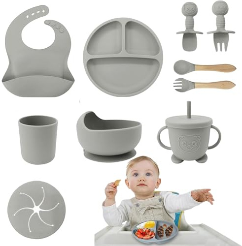Cecaro Group -Set Pappa Svezzamento per Bambini in Silicone | Set 10 Pezzi con Piatto Ventosa, Ciotola, Cucchiaio, Forchetta e Bavaglini in Silicone | Sicuro, Pratico e Antiscivolo