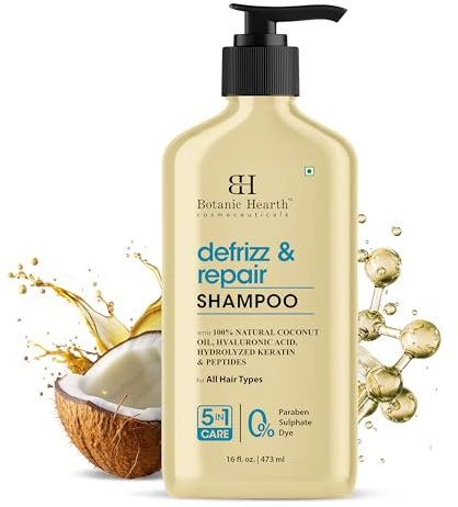 Botanic Hearth Defrizz & Repair Shampoo 16 fl. oz (473 ml) | 100% Natural Coconut Oil, Hyaluronic Acid, Hydrolyzed Keratin & Peptides | Frizz Control & Strengthening | Paraben & Sulfate-Free