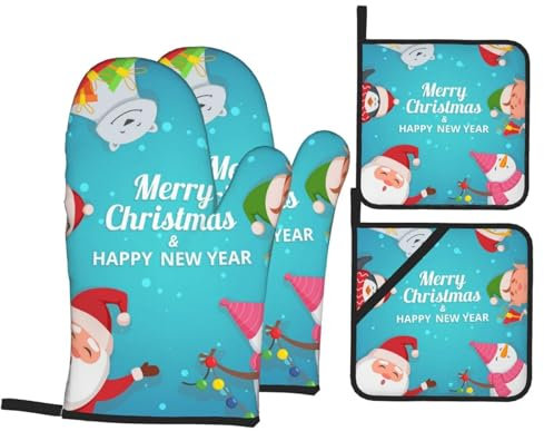 Ofenhandschuhe und Topflappen-Set, lustiger Weihnachtsmann-Bär-Pinguin, hitzebeständig, Küchen-Backhandschuhe, rutschfeste Oberfläche zum Kochen, Backen, Grillen, Grillen
