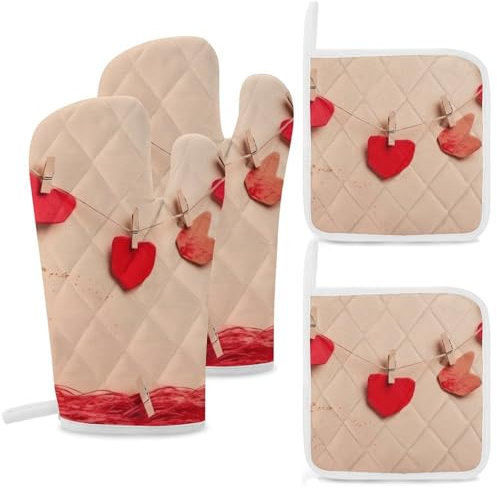 Set di 4 presine da forno e presine con stampa a cuore rosso, resistenti al calore, extra lunghi e cuscinetti caldi, guanti da cucina antiscivolo, in poliestere, per cucina, grigliare, cuocere al