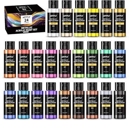ARTFLY Metallic Acrylic Paint Set, 24 Metallic Colors in 2 oz/60ml Bottles, Shining Acrylic Paint, Rich Pigments Perfect for Artists, Beginners on Canvas, Rocks, Wood, Fabric, Ceramic