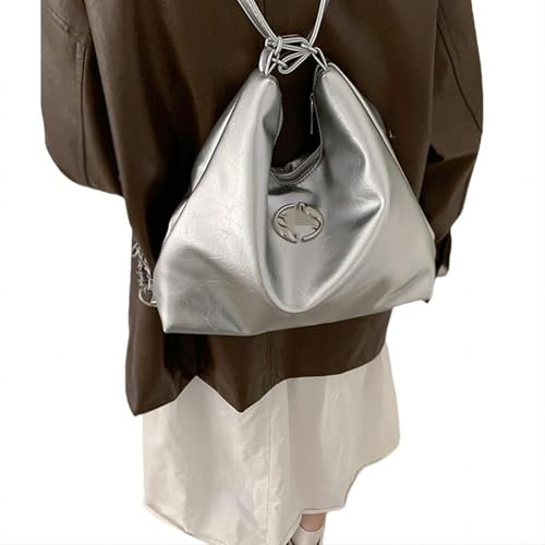 GUIBEIZU Umhängetasche Damen Rucksack -Frauen -modeketten -Bucket -Tasche Schülern Klasse Große Kapazität Schulterhandtasche Tasche Tasche-silber-32 * 25