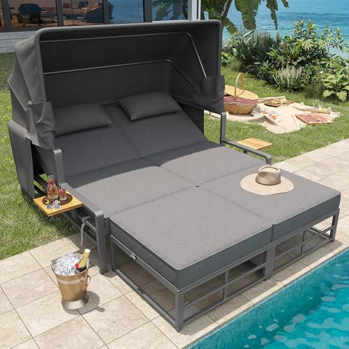 Zravenna Gartenlounge für 2-4 Personen,Sonnenliege,Gartenliege 2 Personen mit faltbarem Sonnendach,Sofa für draußen,Essgruppe für Terrasse Balkon Garten Outdoor